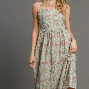Abstract Print Midi Dress with Back Smocking Details