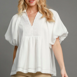 Exaggerated Bubble Sleeve Top with Front Yoke and Smocking Details