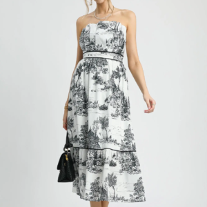Toile Print Strapless Midi Dress