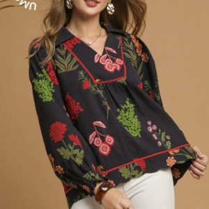 Floral Print Textured Fabric Collared Top