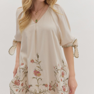 Floral embroidery raglan 3/4 sleeve mini dress featuring striped bow tie cuffs