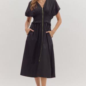 Solid short sleeve midi dress featuring smocked waist with pleated trim detail