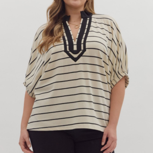 Striped short dolman sleeve top featuring contrast trim split V-neck