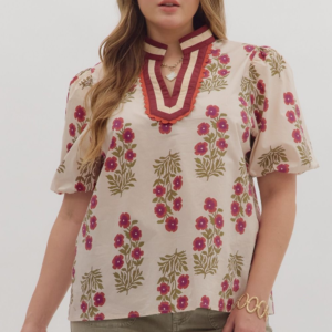 Floral print short bubble sleeve top featuring multicolor accent V-neck band collar