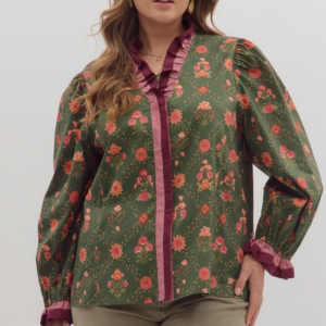 Floral print long sleeve top featuring multicolor ruffle trim V-neck