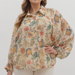 Floral print long sleeve button-down top featuring dropped shoulders
