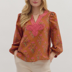 Floral print long puff sleeve top featuring contrast embroidered knot trim V-neck